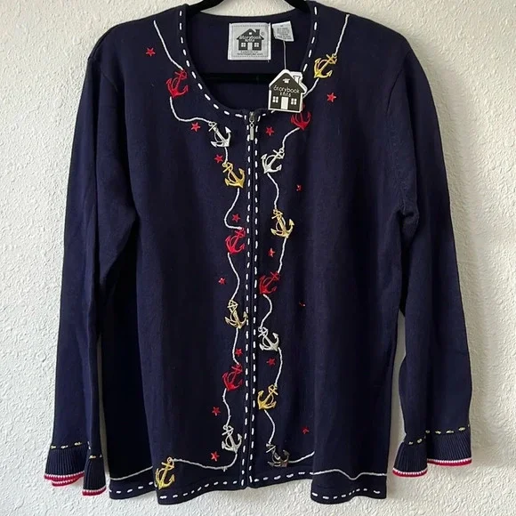 Fisherman Granny Storybook Knit Navy Nautical Anchor Full Zip Cardigan Size 1X - Picture 1 of 7